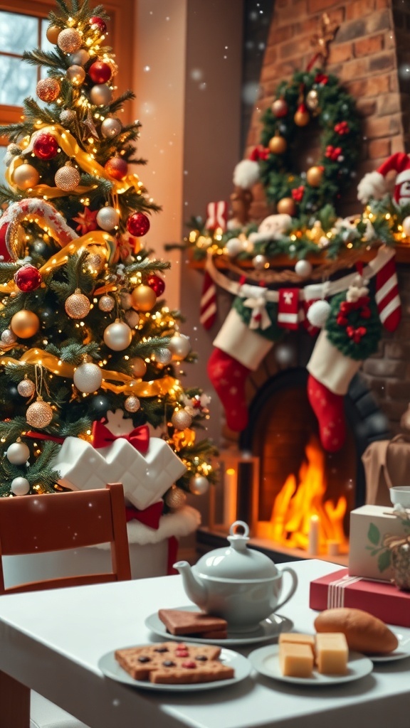 Christmas Quotes in Malayalam A decorated Christmas tree with lights and ornaments, a fireplace with stockings, and a table with Christmas treats.